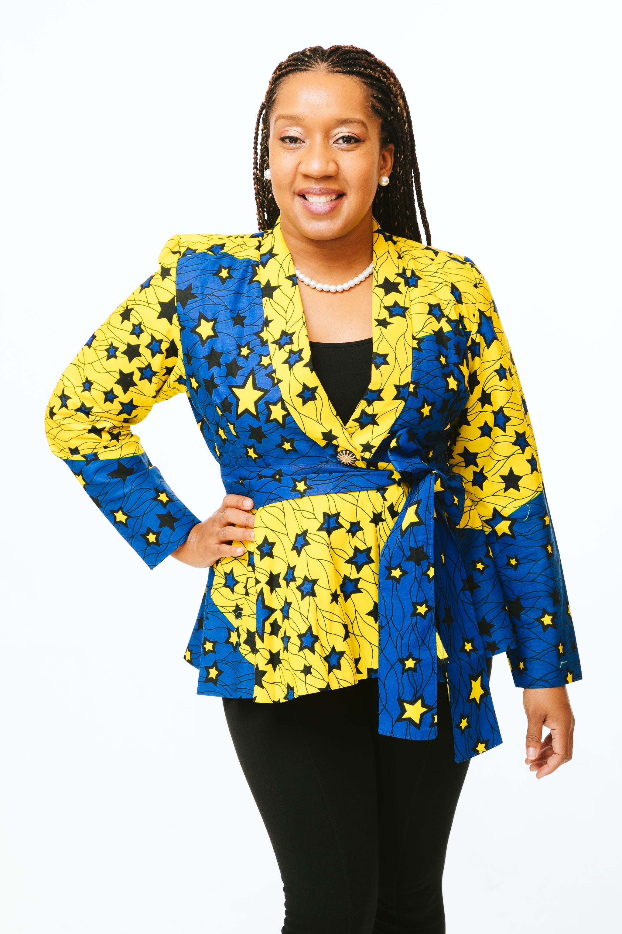 Yellow & Blue Star Print Tie Front Jacket